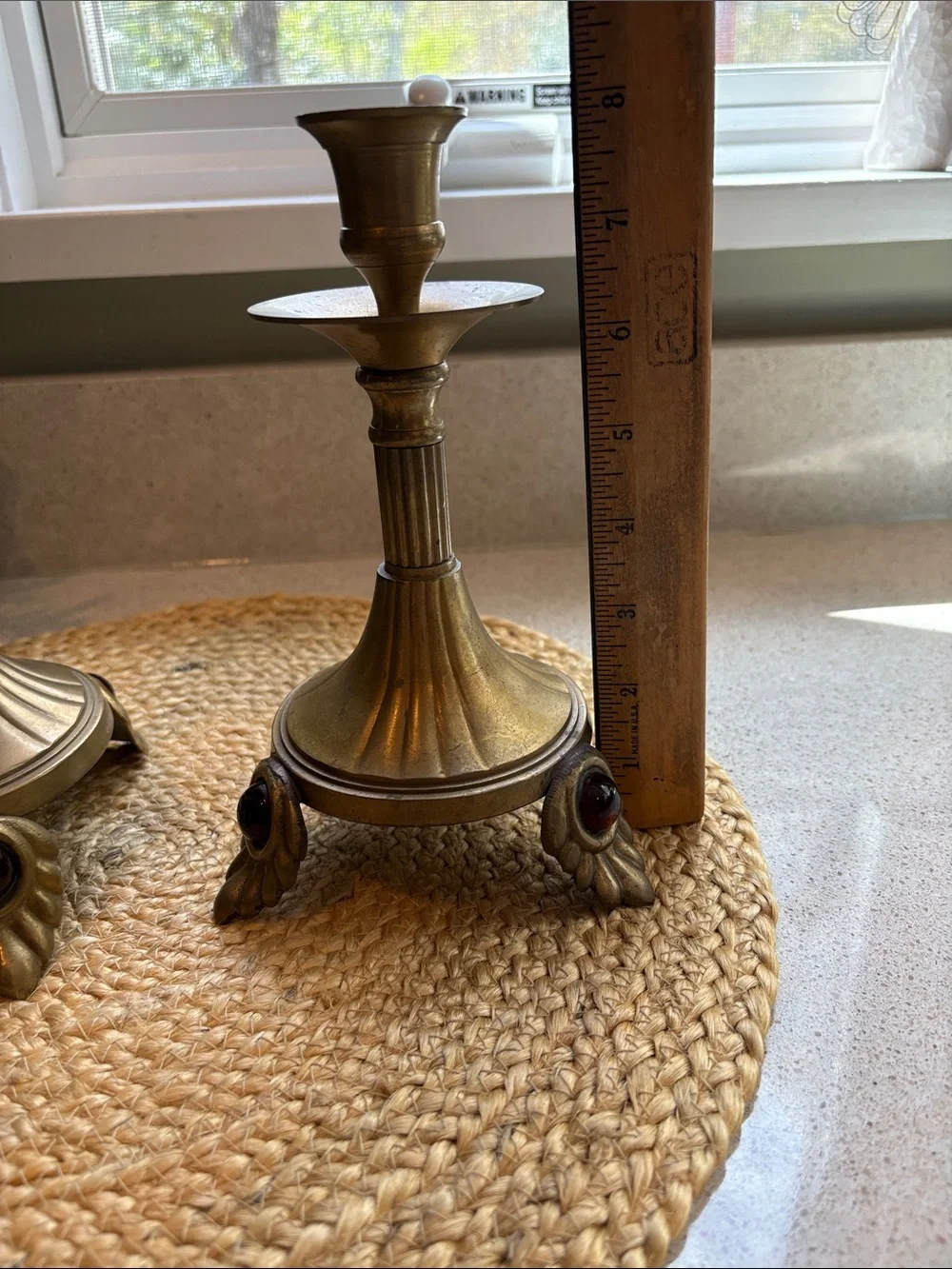 Pair of Vintage Brass Candlesticks Leaf Footed w/ Ruby Colored Gemstone